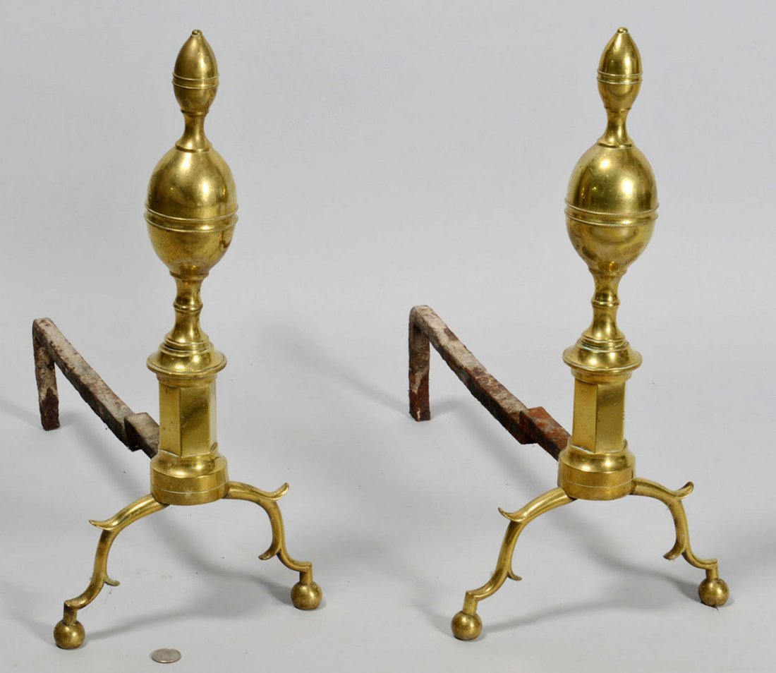 Pair Brass Andirons: Pair Federal brass andirons, beaded and belted double "lemon top" form on columnar shafts and cabriole legs and ball feet. 20"H. American, possibly New York, first quarter 19th century.