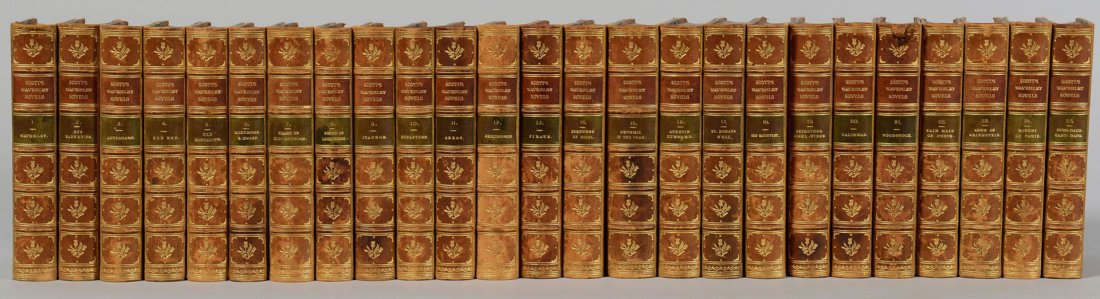 The Waverly Novels by Sir Walter Scott, 25 Vols.: The Waverly Novels by Sir Walter Scott, 25 finely bound leather volumes titled on spines "Scott's Waverly Novels". Edinburgh: Adam & Charles Black, 1871. Marbled edges and endpapers. Include