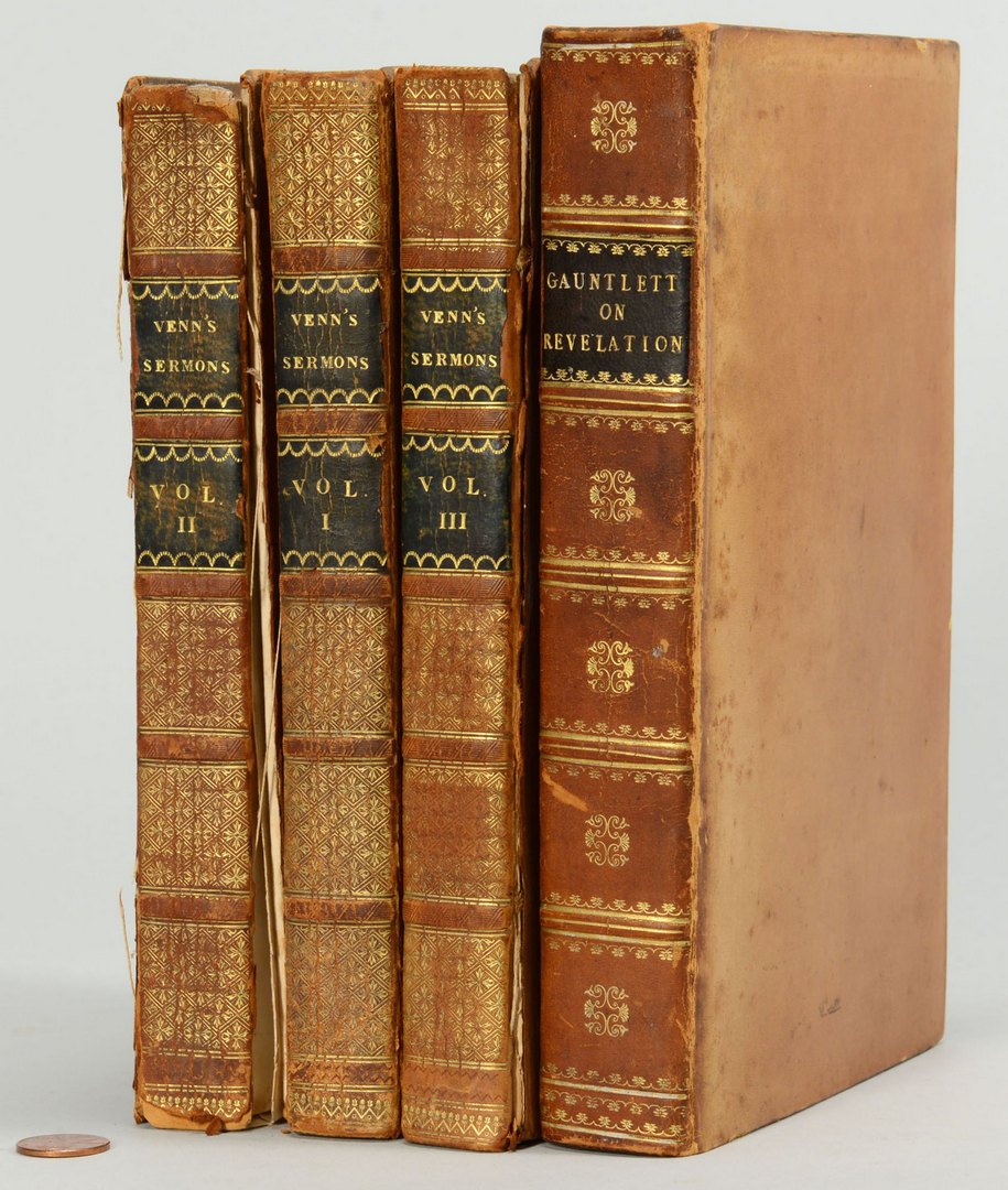 4 Antique Books on Religion: 4 Antique Books on Religion. 1st item: Exposition on the Book of Revelation by Rev. Henry Gauntlett, 2nd edition, London, 1821. Leatherbound. 2nd-4th items: 3 volumes, Sermons by the Rev. John Venn, R