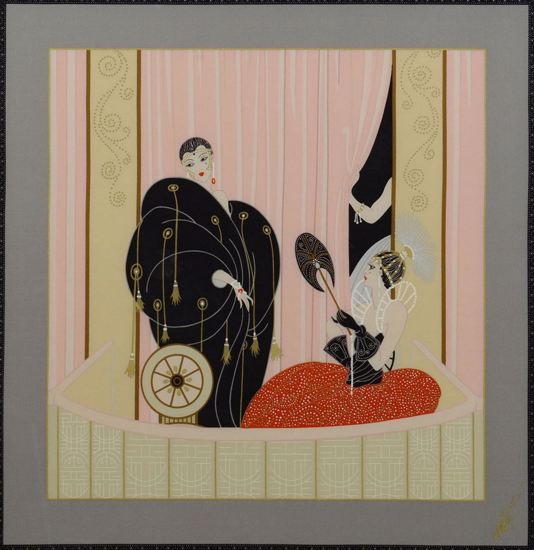 Framed Erte Silk Scarf, L'Opera: Framed Erte silk scarf, L'Opera, depicting two ladies, one seated, with a partially opened curtain in the background. Signed in the scarf. Sight - 35" H x 34" W. Framed - 37 7/8" H x 36