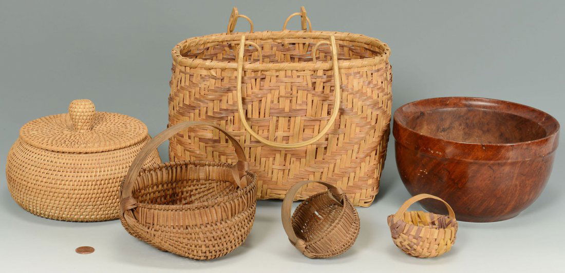 Grouping of Native American Items, 6 total.: Grouping of Native American items, 5 Baskets & 1 Burlwood Bowl. Items 1-5: 2 handled round miniature baskets, 1 covered basket, likely Native American, 1 handled rib and split kidney form basket, and