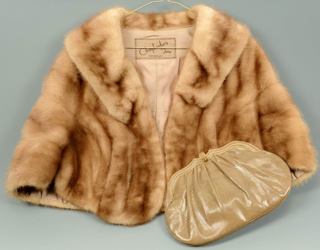 Ladies Mink Stole & Judith Leiber Snakeskin Purse: Ladies Mink Stole & Judith Leiber Snakeskin Purse. 1st item: Ladies light brown ladies mink stole with a Chayburkes's Furs, Nashville, TN label. Not sized but most likely a ladies size small. 20th cen
