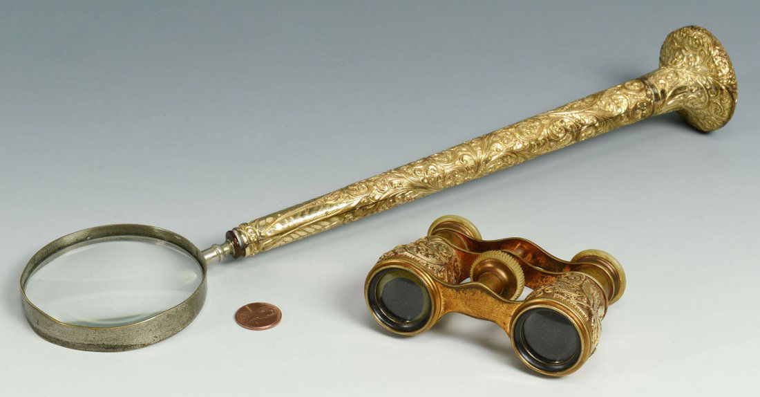 Mays Lick KY magnifying glass, Augusta GA opera glasses: Victorian magnifying glass mounted on a 18K gold-filled umbrella handle, monogrammed on end of handle and inscribed "Mays Lick KY. Measures 12.75" L. Together w/ Victorian rolled gold and MOP opera gl