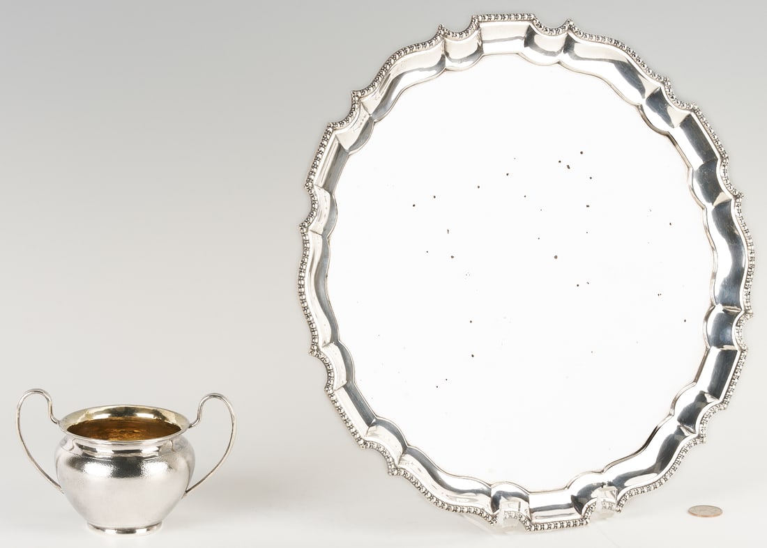 Chinese Export Silver Tray and Creamer: 1st item: Chinese Export Silver Tray, circular form with scalloped, molded and beaded edge. The underside of the rim is stamped SILVER. The tray XRF tests 90% silver. 14 3/8 in. dia. 32.17 troy