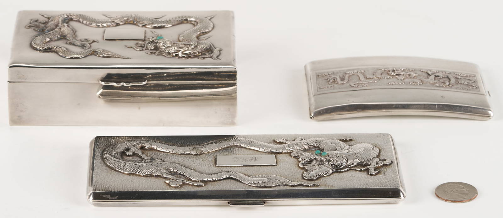 3 Chinese Export Silver Dragon Boxes