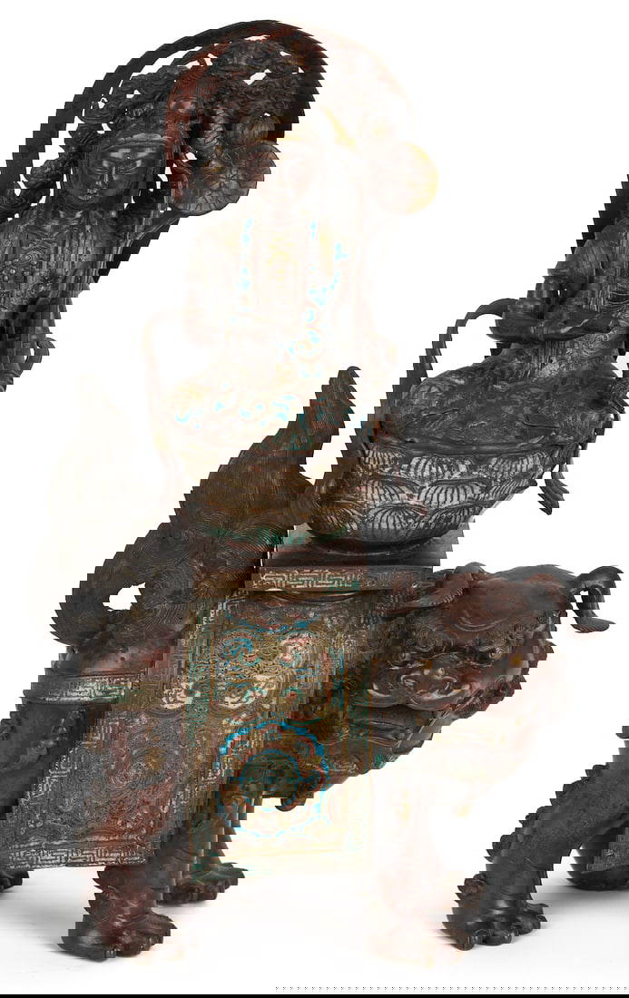 Chinese Bronze & Champleve Statue, Guanyin w/ Foo Dog & Carved Stand