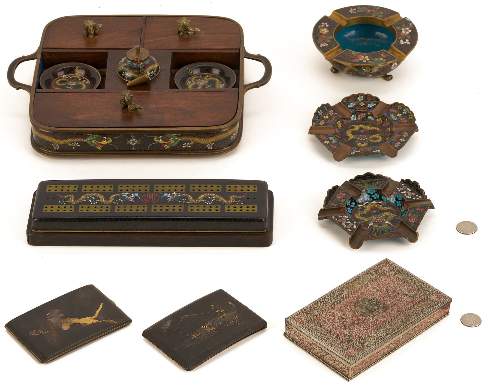 Chinese Smoking and Gaming Items plus 3 Card Cases: 1st item: Chinese cloisonne and hardwood cigar and cigarette smoking set with rounded corners, the sides inset with cloisonne enameled dragon decoration, having fitted compartments for cigars and ciga