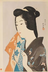 Hashiguchi Goyo Japanese Shin Hanga Woodblock Print, Woman with a Towel