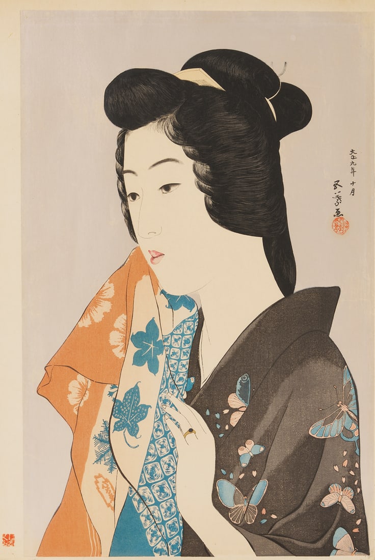 Hashiguchi Goyo Japanese Shin Hanga Woodblock Print, Woman with a Towel: Hashiguchi Goyo (Japan, 1881-1921) shin-hanga bijinga woodblock print in colors with silver mica and metallic ink embellishment to robe and ring. The Shinbashi geisha Hisae, shown in bust-length, wear