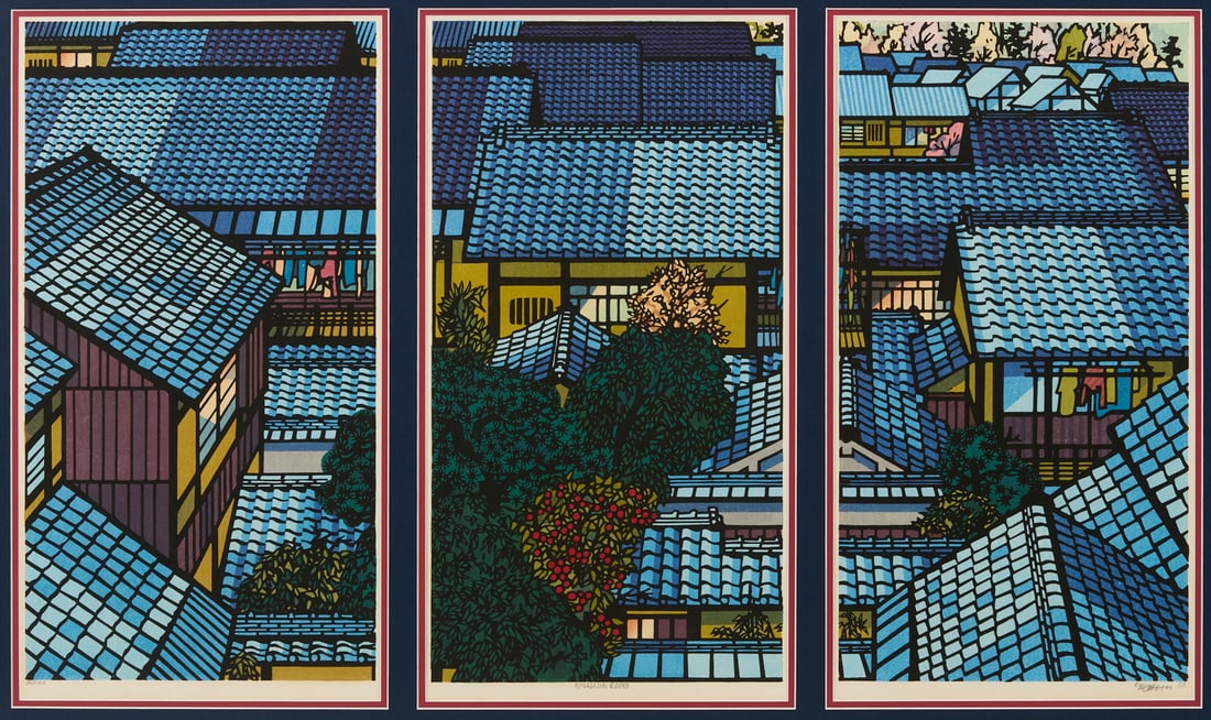 Clifton Karhu Woodblock Triptych, Nishijin Roofs: Clifton Karhu (Minnesota/Japan, 1927-2007) ukiyo-e woodblock print triptych, "Nishijin Roofs," 1983. Slate rooftops in Kyoto's Nishijin district reflect cool moonlight while warm electric light shines