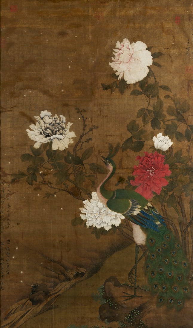 Large Chinese Qing Dynasty Scroll Painting on Silk, Peacock w/ Flowers (1 of 20)