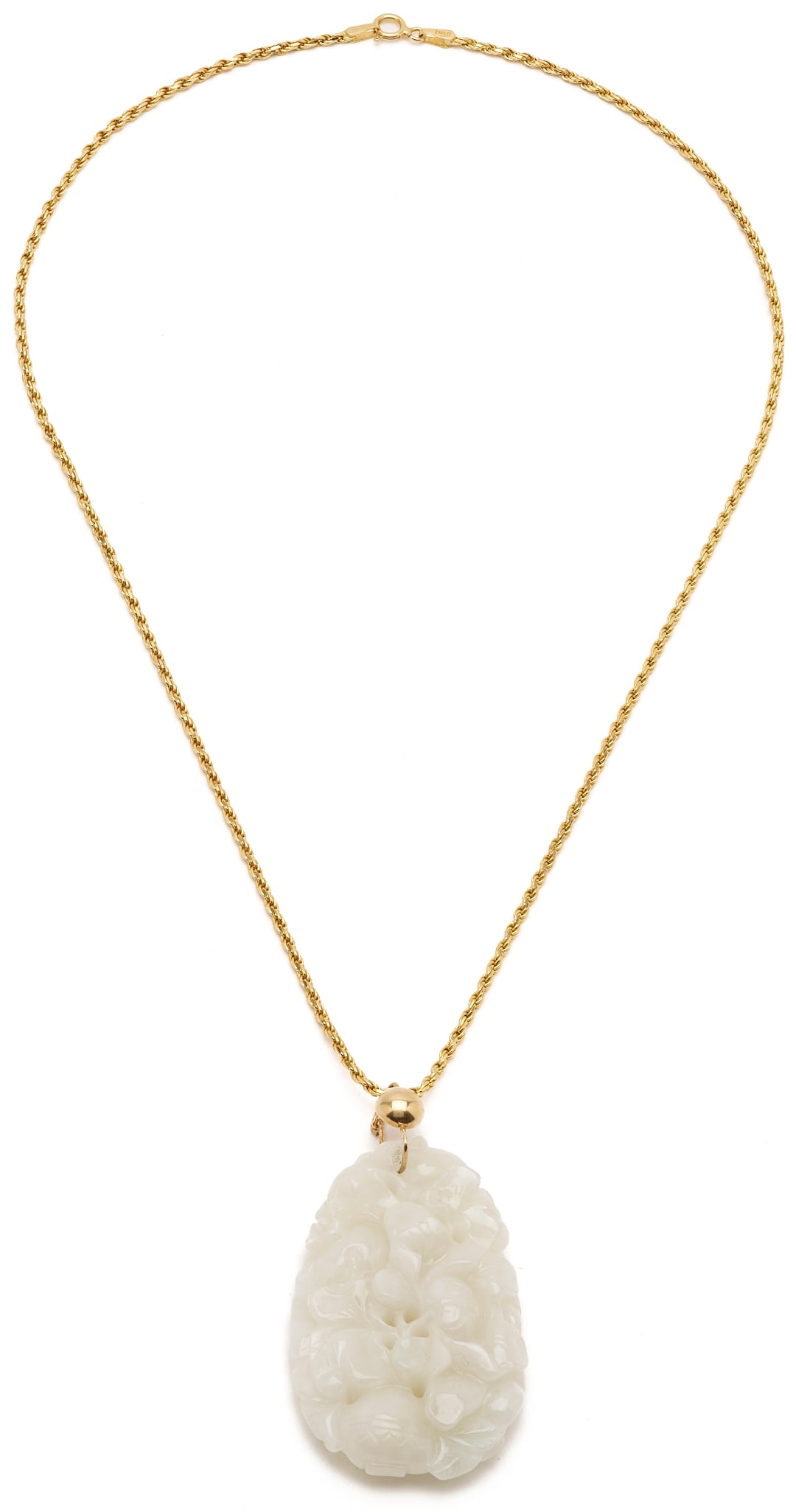 18K Italian Gold & White Jade Necklace: Ladies' 18K yellow gold rope chain necklace with white jadeite jade pendant with 14K yellow gold bail. The necklace is marked "18KT 750 Italy" and XRF tests 18K gold while the bail of th