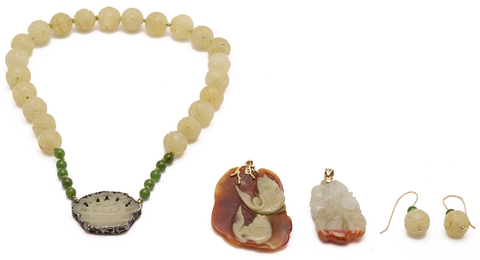 5 Jade Items: Necklace, 2 Pendants, & Pair of Earrings - 2