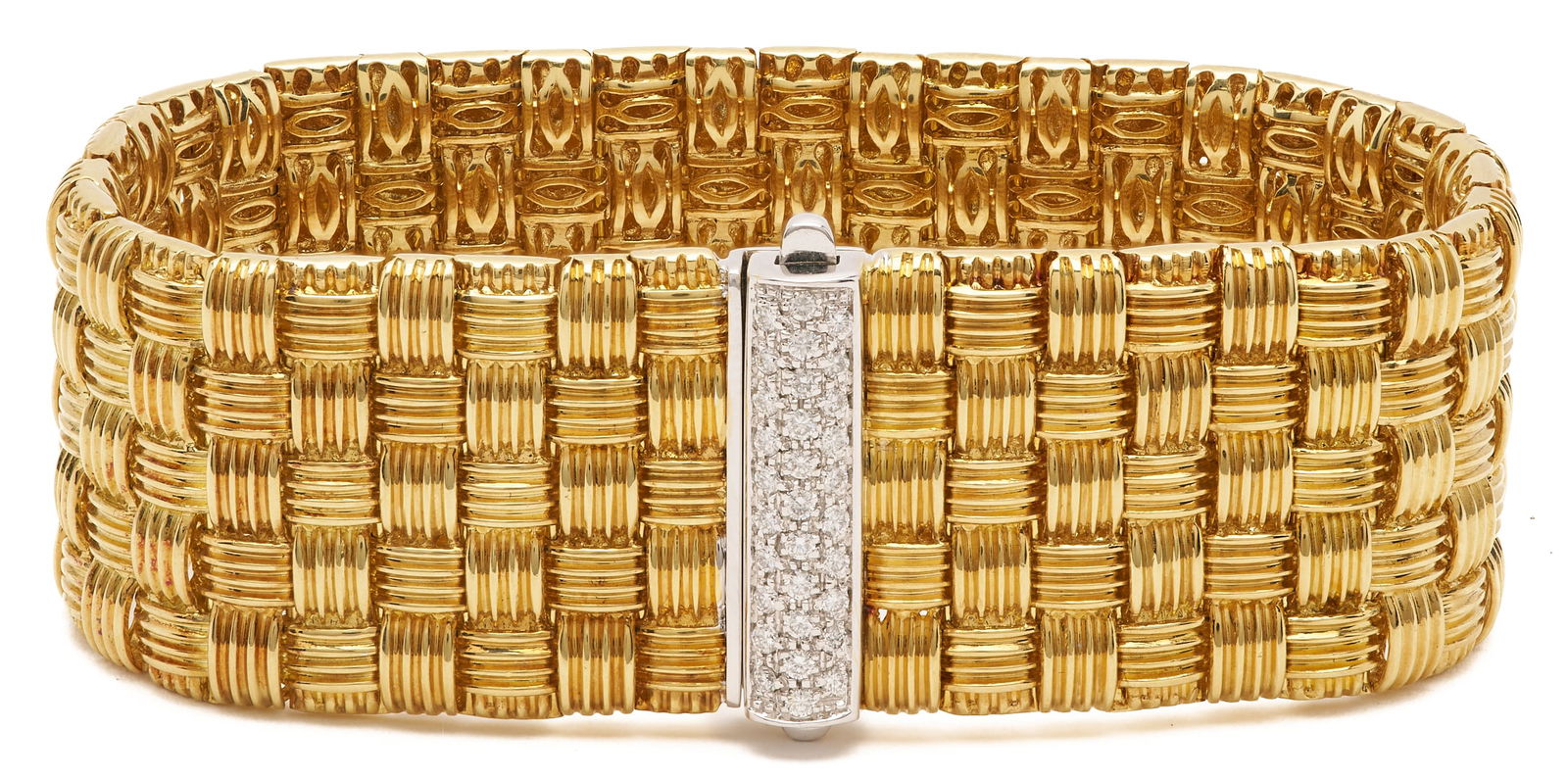 Roberto Coin Gold and Diamond Bracelet 18k: 18K yellow gold mesh bracelet by Roberto Coin featuring thirty one (31) round brilliant cut melee diamonds and one (1) natural marquee cut ruby. The bracelet is marked "Roberto Coin" and