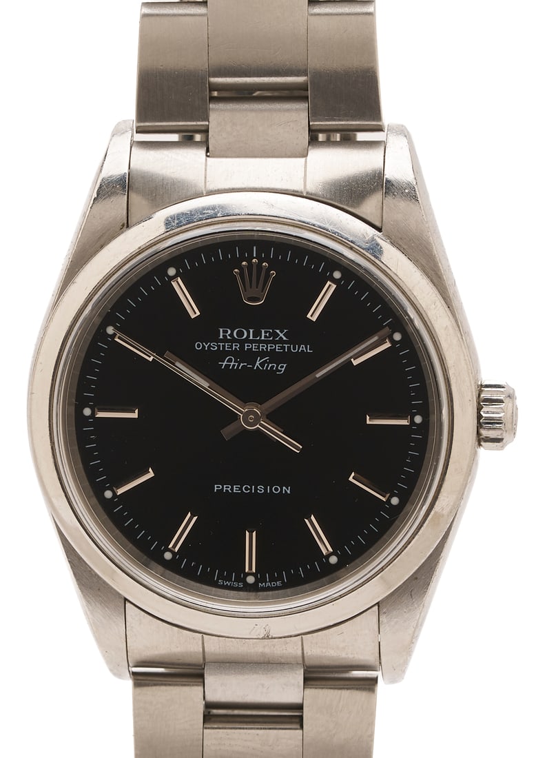 Men's Rolex Air King Stainless Steel Wristwatch: Men's Rolex Air-King stainless steel wristwatch with black dial and stainless steel markers, Ref# 14000M, Serial# P857609, 34.5mm, self-winding, with stainless steel oyster bracelet. Approx. 6 1/2 in.