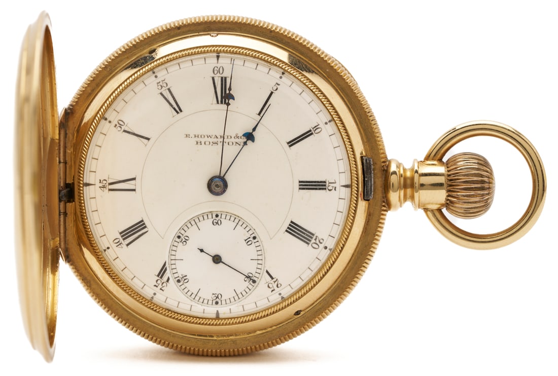 18K E. Howard & Co Grade 4 Pocket Watch: E. Howard & Co grade no. 4 15 jewel size 16s pocket watch. The watch is in a 18K yellow gold hunting case. The case is marked "18K" and XRF tests 18K gold. The serial number is 66608