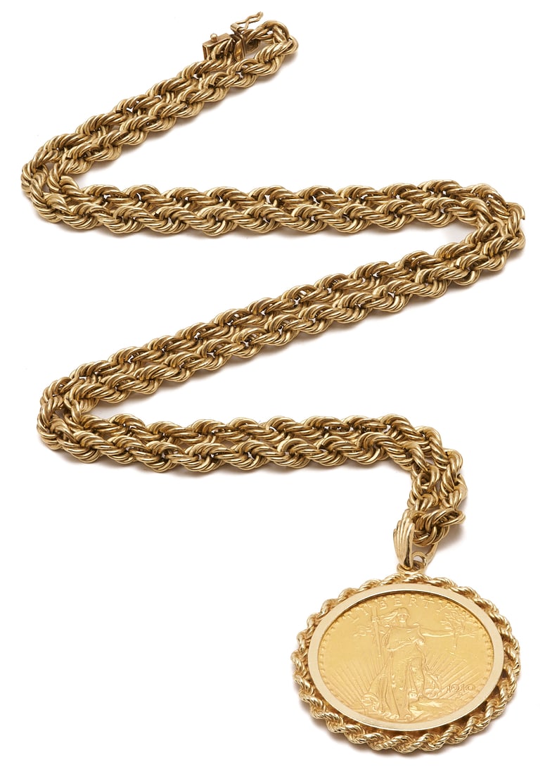 1910 Saint-Gaudens Coin Pendant with 14K Gold Necklace: Ladies' 14K yellow gold rope chain necklace with 14K yellow gold bezel featuring one (1) 1910-D Saint-Gaudens $20 gold coin. The necklace and bezel are marked "14K" and both XRF test