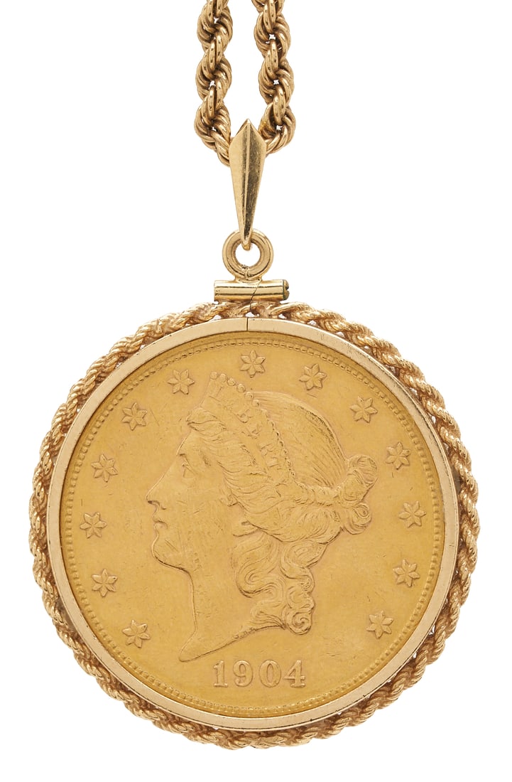1904 $20 Liberty Coin Pendant w/ 14K Gold Necklace: Ladies' 14K yellow gold rope chain necklace with 14K yellow gold bezel featuring one (1) 1904-S Liberty $20 gold coin. The necklace and bezel are marked "14K" and both XRF test 14K