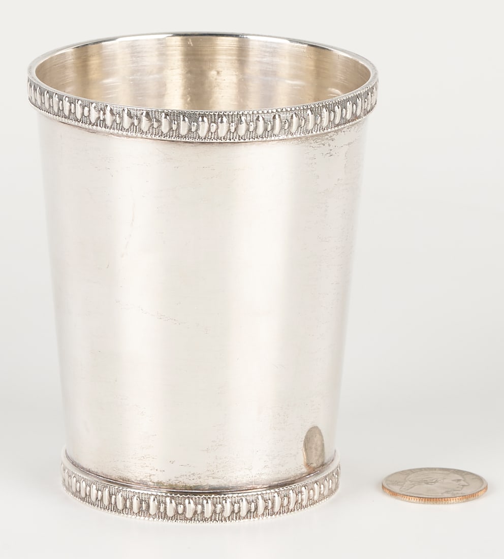 Kentucky Coin Silver Julep Cup by William Kendrick: American coin silver julep, incuse mark for William Kendrick, working in Louisville, KY, circa 1824-1880, with a raised bead and reel rim and base. 3 7/8 in. H. 5.16 troy ounces. Additional
