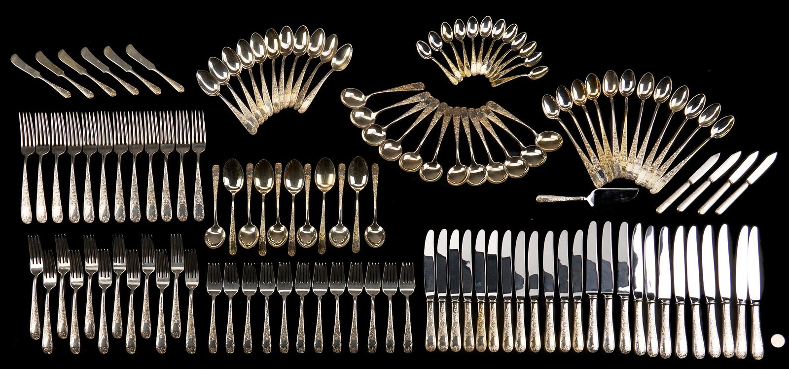 125 Pcs Kirk Old Maryland Sterling Flatware Plus 4 Others: 125 pieces S. Kirk & Son Sterling Silver Flatware in the Old Maryland engraved pattern, plus 4 other pieces. Kirk silver includes 12 dinner knives (9 1/2 in. L), 12 luncheon knives