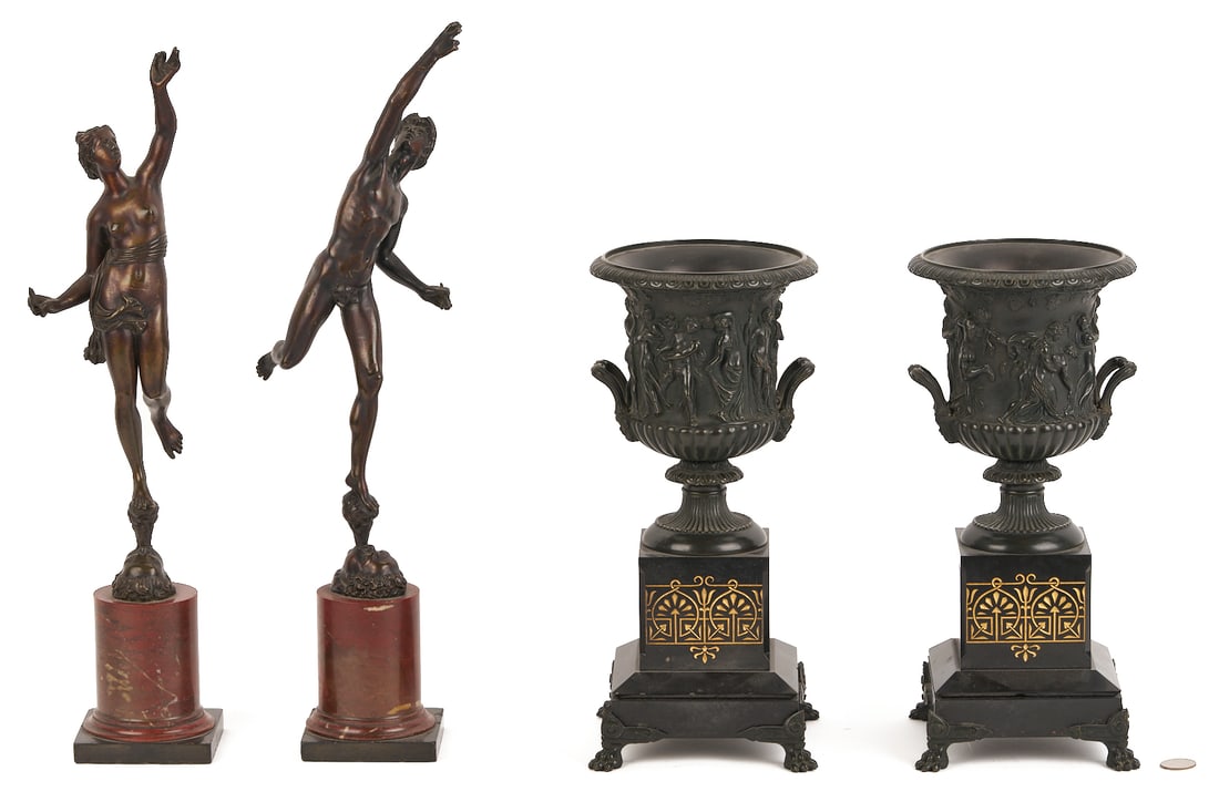 Pr. Bronze Grand Tour Bronze Figures Plus Pair of Urns: 1st & 2nd items: Pair of Grand Tour bronzes depicting Mercury and Fortuna, after Giambologna (Italian, 1529-1608), each issuing from the open mouth of a cherub and mounted on red marble plinths