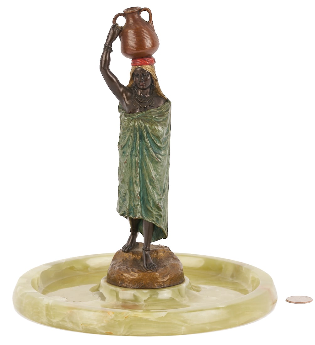 Bergmann Cold Painted Bronze Nude Sculpture: Franz Xavier Bergmann (Austrian/American, 1861-1936) cold-painted bronze sculpture depicting an exotic, partially nude woman standing and holding a water ewer on her turban-wrapped head,