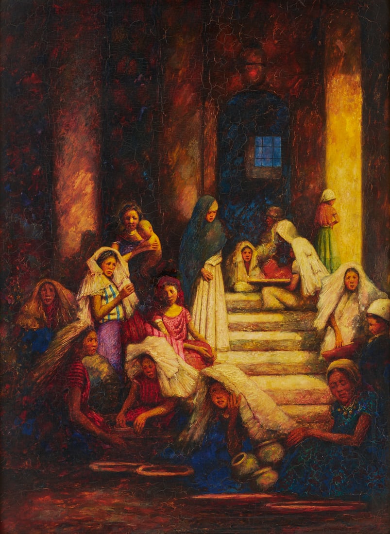 Mortimer Menpes O/B, Middle Eastern Women, ex-Dowdeswell & Dowdeswells: Mortimer Luddington Menpes (Australia/England, 1855-1938) oil on board painting, "A Group of Eastern Women," c. 1887-1908. A group of 15 women and girls, many of whom wear Kashmiri kasaba