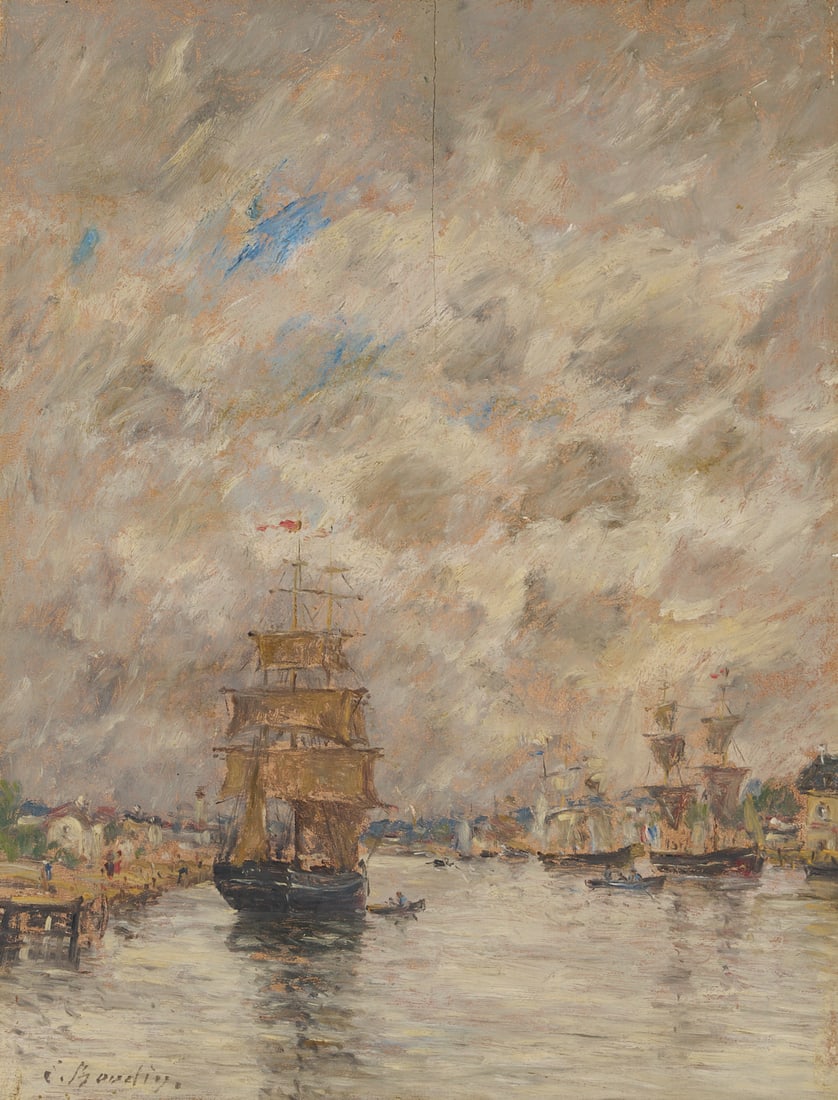 Eugene Boudin O/B Painting, French Harbor: Eugene Louis Boudin (French, 1824-1898) oil on panel marine painting depicting a bustling port scene, possibly the Port of Trouville. Ships and rowboats are reflected in the grey water while figures