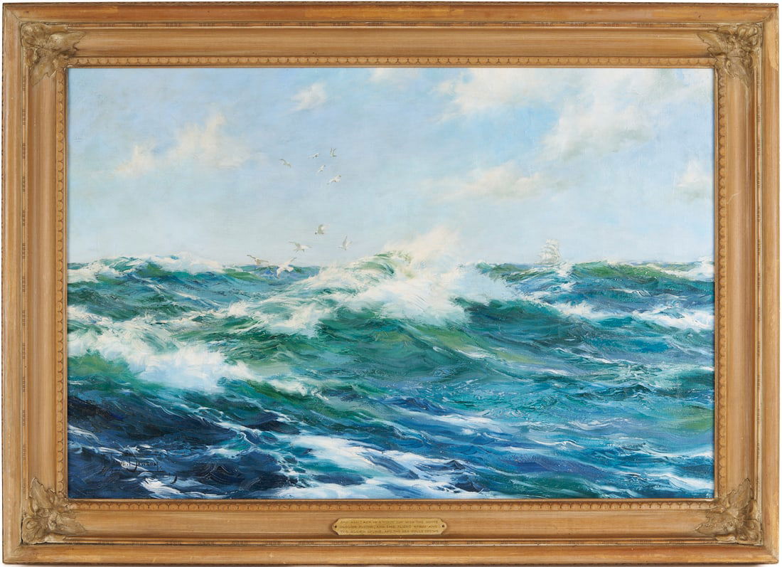 Montague Dawson O/C Maritime Seascape Painting: Montague Dawson (English, 1890-1973, RMSA, FRSA) oil on canvas seascape illustration painting. Waves churn as gulls fly overhead, and a ship approaches in the distance. With placard front, center of