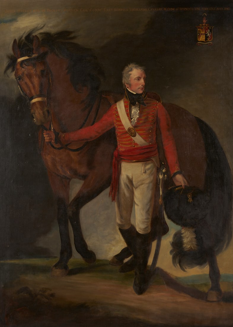 Large Marianne Harvey O/C Equestrian Portrait of John Harvey, Mayor of Norwich, After Opie: Marianne Harvey (British, 1787-1812) oil on canvas Romantic equestrian portrait of her father, John Harvey (1755–1842), Mayor of Norwich, after John Opie's (British, 1761-1807) 1792 portrait in the