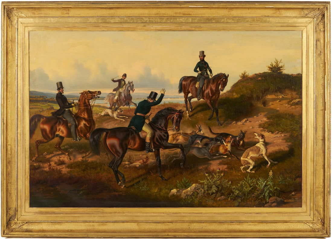 Large Theodor Franz Zimmermann O/C Fox Hunt Painting: Theodor Franz Zimmermann (Austria, 1808-1880) large equestrian fox hunting scene painting with four riders and six hounds, one of which bites the neck of a red fox. Thistle grows in the foreground