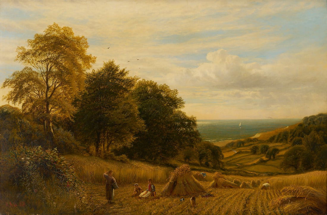 Alfred A Glendening, Sr. O/C Harvest Landscape Painting, Noonday Rest: Alfred Augustus Glendening, Sr. (England, c. 1840-1910) oil on canvas harvest landscape, "Noonday Rest," 1870. Two seated figures rest before a shock of hay while a third, standing figure ho