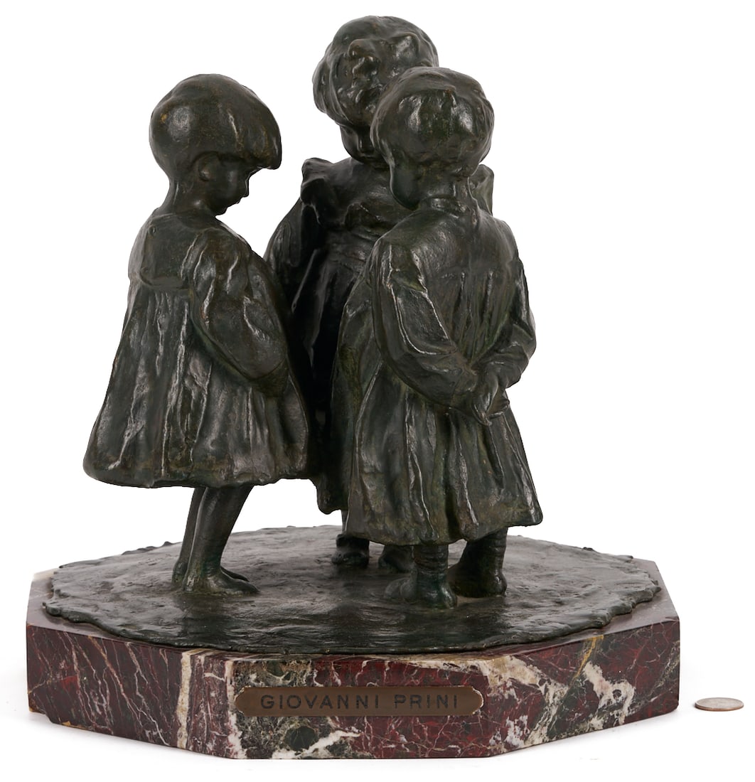 Giovanni Prini Bronze Sculpture, Three Children: Giovanni Prini (Italian, 1878-1959) bronze sculpture depicting three little girls who stand conversing in a circle. Mounted on an octagonal red marble base with name plate. Signed "G. Prini&