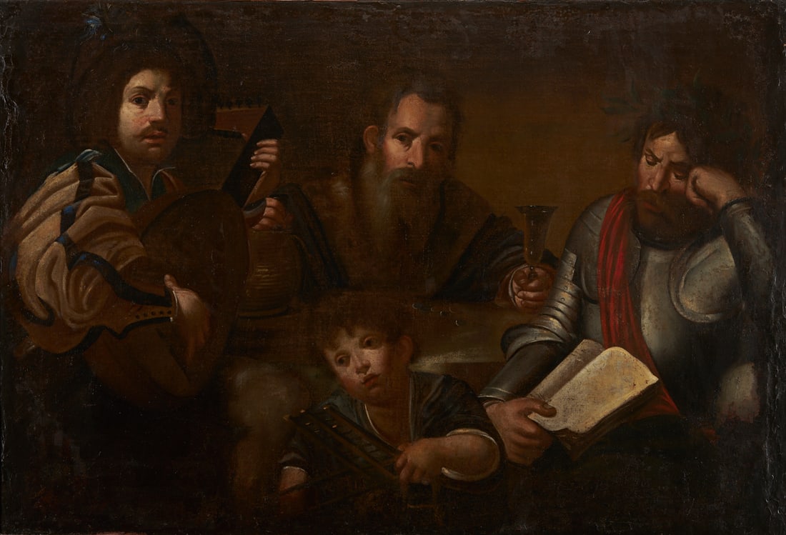 O/C Painting after Valentin de Boulogne, Four Ages of Man: Large Old Master allegorical oil on canvas painting titled "The Four Ages of Man," after the circa 1629 painting by Valentin de Boulogne (French, 1591-1632) in the collection of th