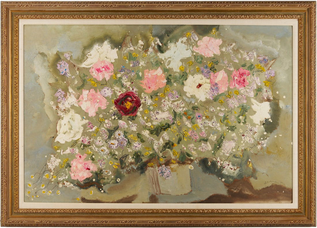 Large Sterling Strauser O/B Still Life Painting, Flower Bouquet: Large Sterling Strauser (Pennsylvania, 1907-1995) oil on board floral still-life painting with a profusion of multicolored flowers that surround a single, central red blossom, 1984. With pas