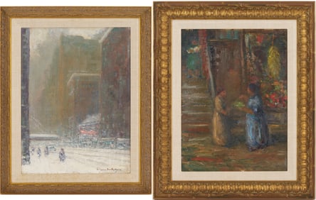 2 Johann Berthelsen O/C Paintings, Snowy New York City Street & Flower Seller