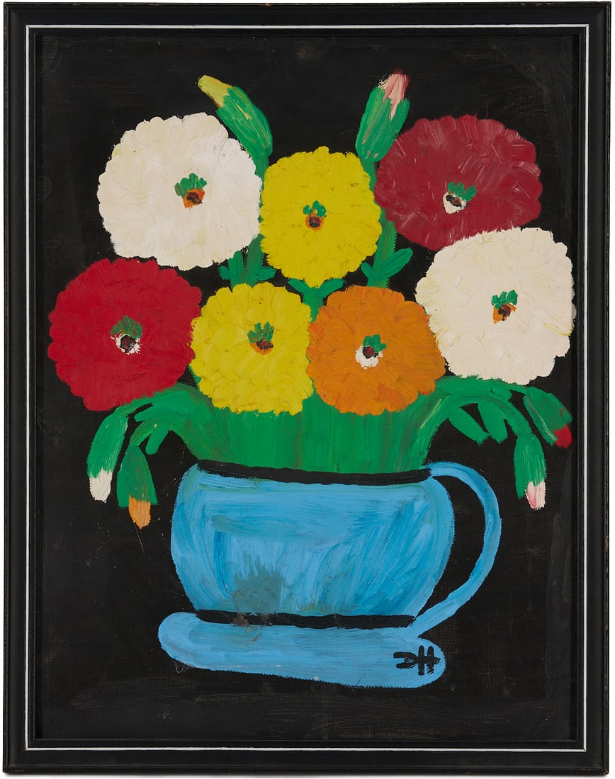 Clementine Hunter Still Life Painting, Zinnias: Clementine Reuben Hunter (American/Louisiana, 1886/87-1988) oil on canvasboard floral still life painting with multicolored zinnia flowers in a blue cup and set against a black background. Signed with