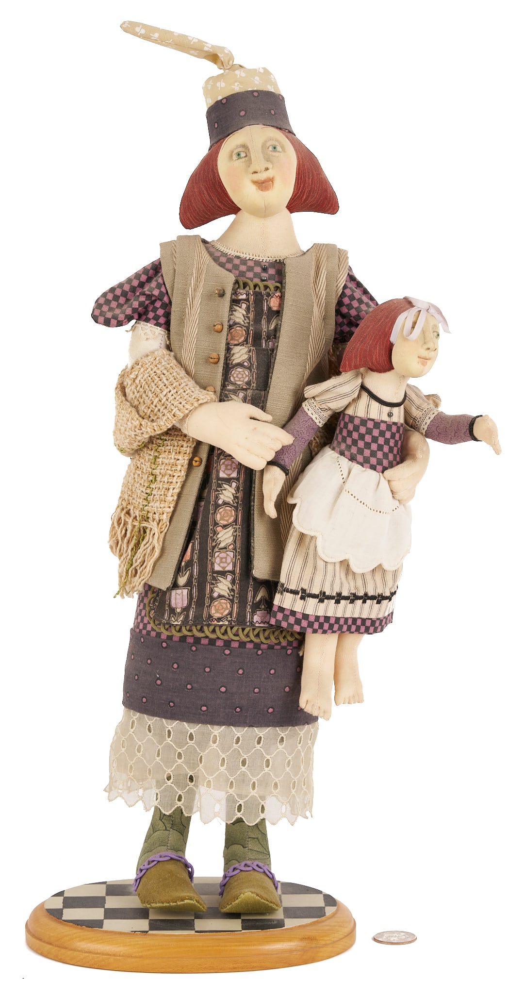 Akira Blount Folk Art Soft Sculpture, Mother & Child: Akira Blount (American/Tennessee, 1945 -2013) folk art soft sculpture titled “Mother and Child”, constructed of mixed media elements including paint, fabric, lace, and wood. Signed an