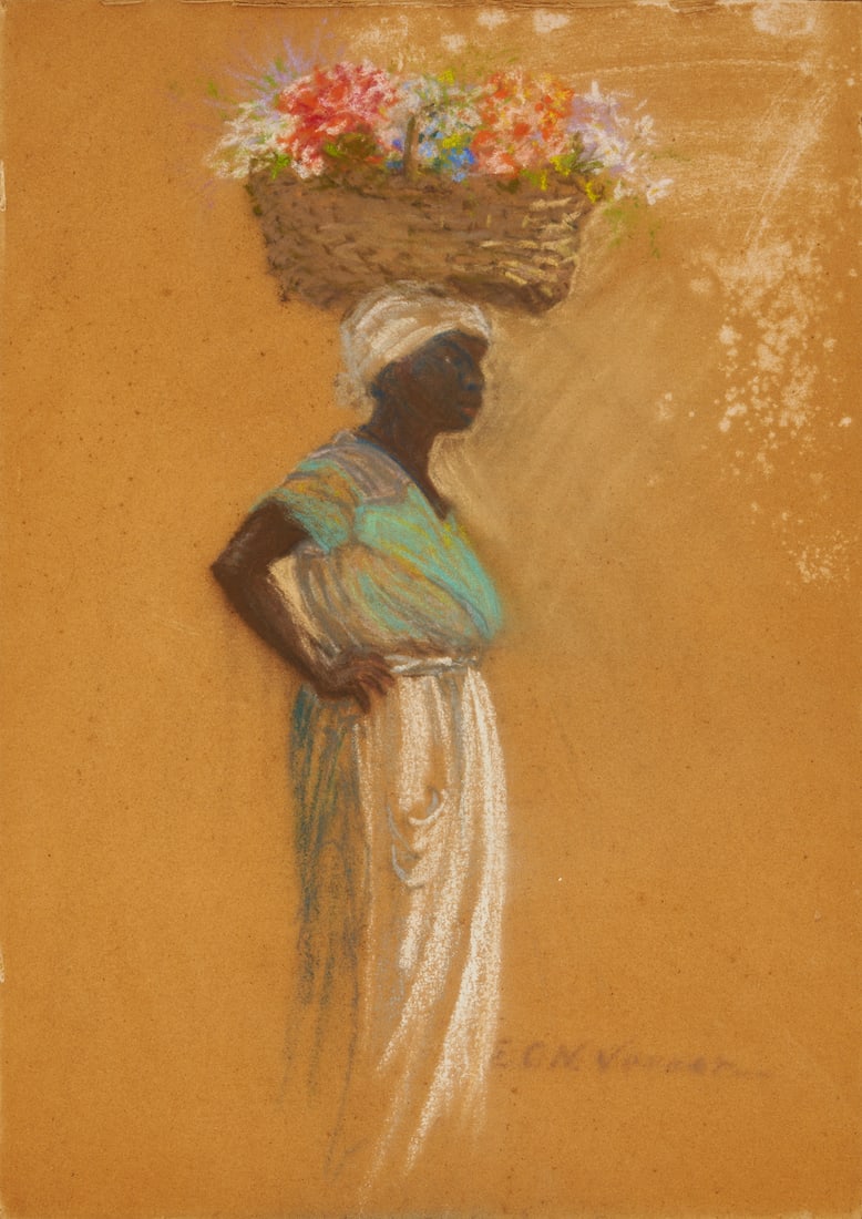 Elizabeth O'Neill Verner Pastel Drawing, Standing Charleston SC Flower Seller: Elizabeth Quale O’Neill Verner (South Carolina, 1883-1979) pastel on card drawing depicting a Charleston, South Carolina flower vendor who stands in profile view with a large basket of colorful flow