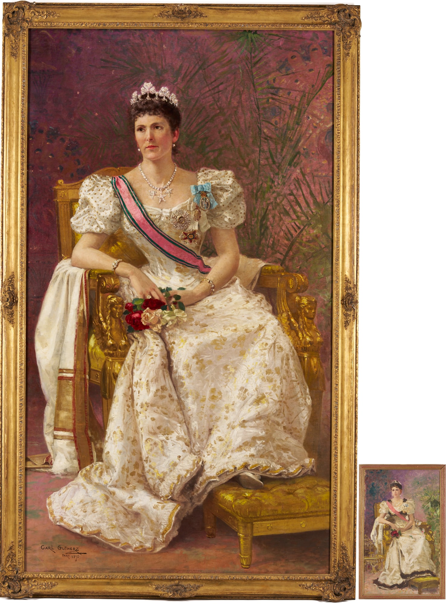 Carl Gutherz O/C Portrait of Lady Dufferin, Vicereine of India, Plus Study: Carl Gutherz or Guthers (Tennessee/Missouri, 1844-1907) oil on canvas full length portrait of Lady Dufferin, Vicereine of India, 1893. She wears the Dufferin and Ava diamond and pearl shamrock tiara a