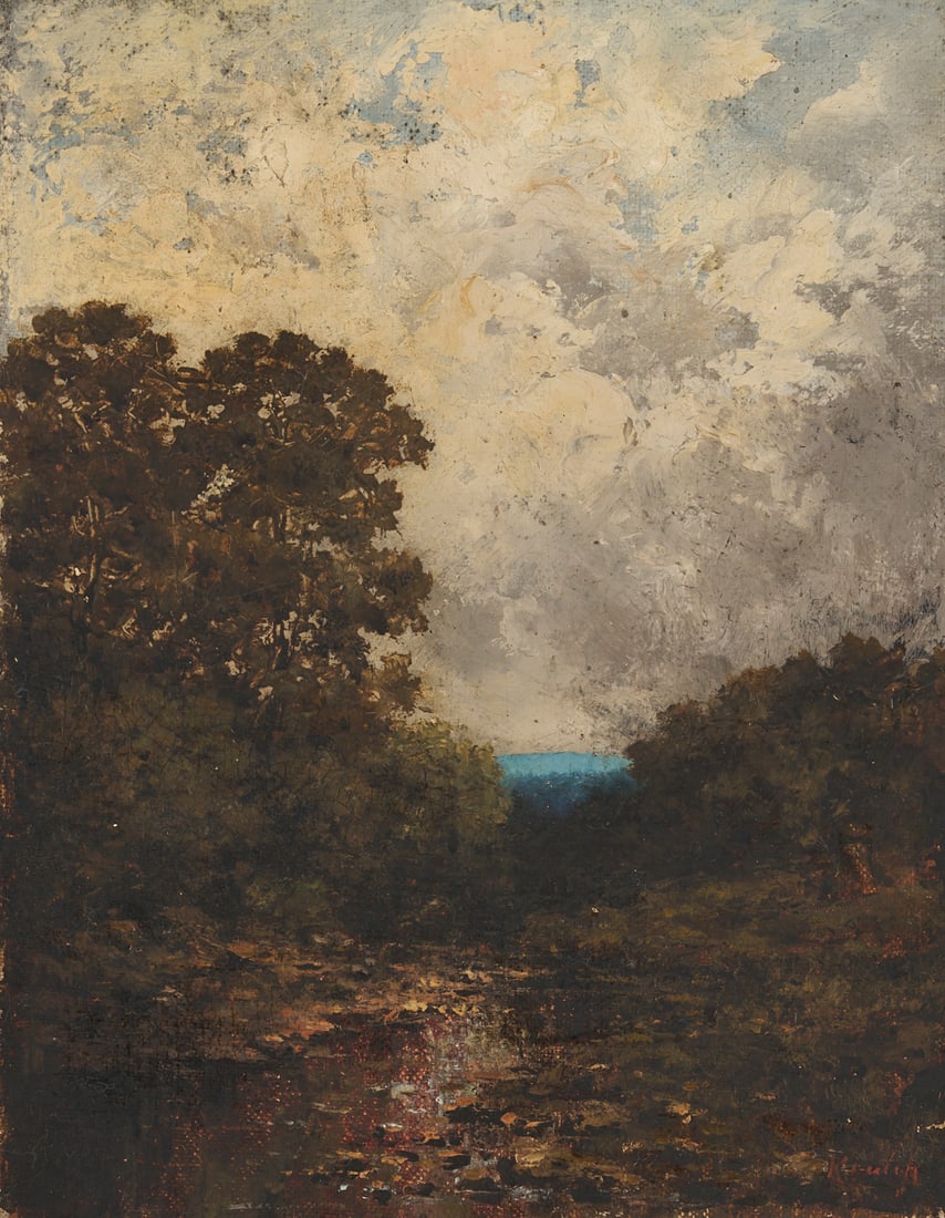 Early Charles Krutch East TN Smoky Mtns Landscape Oil: Charles Krutch (Tennessee, 1849-1934) oil on canvas painting, laid to board, Tennessee Smoky Mountains landscape with trees surrounding a small stream and a distant view of a blue mountain range