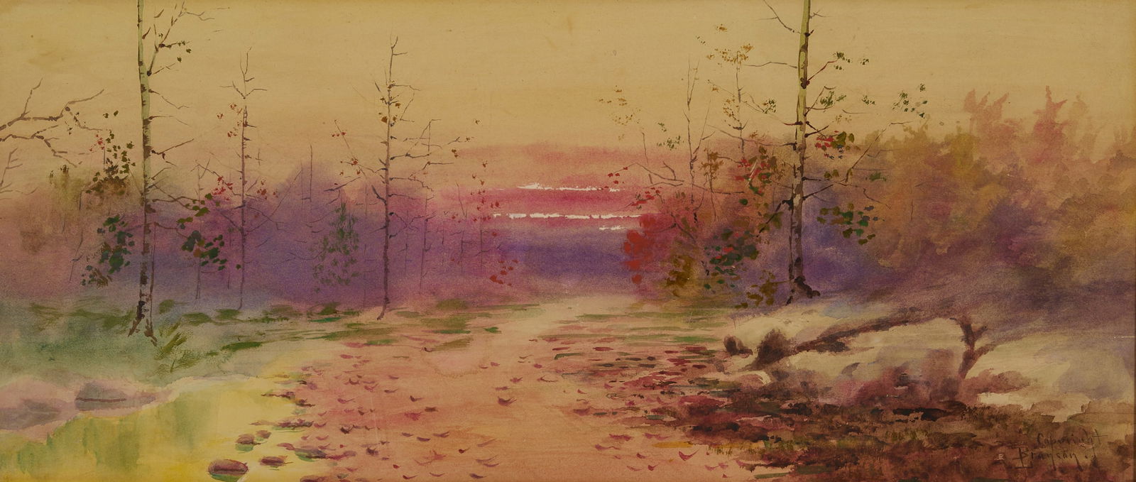 Large Lloyd Branson East Tennessee W/C Landscape Painting Plus Book: Lloyd Branson (Tennessee, 1861-1925) impressionist watercolor and gouache on paper painting that depicts an autumn landscape with nearly leafless birch trees that grow along a dirt path.&nbs