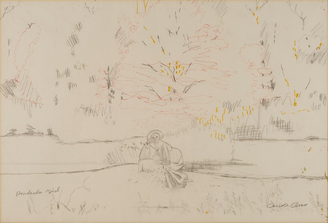 Carroll Cloar Framed Drawing, Pondside Girl: Carroll Cloar (American/Tennessee, 1913-1994) drawing, pencil and marker on paper, titled "Pond Side Girl" lower left and signed "Carroll Cloar" lower right. Double matted under glass in a molded gilt