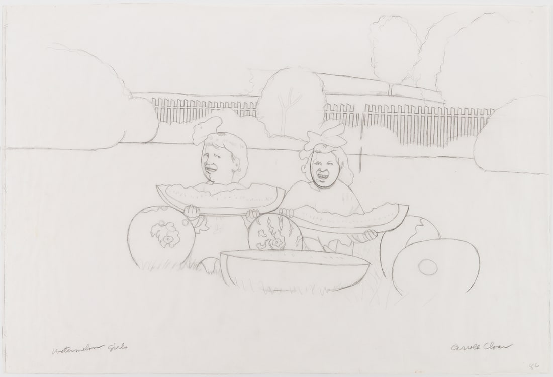 Carroll Cloar Drawing, Watermelon Girls: Carroll Cloar (American/Tennessee/Arkansas, 1913-1993) drawing, graphite on paper, study for "Watermelon Girls." Two young girls sit before an outdoor fence, enjoying oversized slices o