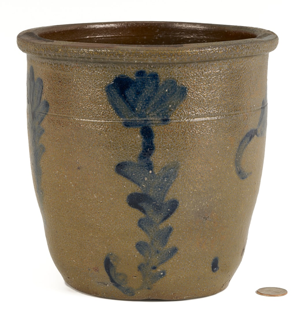 East TN Decker Cobalt Decorated Stoneware Jar: East Tennessee stoneware pottery jar attributed to Charles Decker of the Decker pottery of Washington County (1832 - 1914). Four (4) cobalt decorated flowers with five petals each around the circumfer
