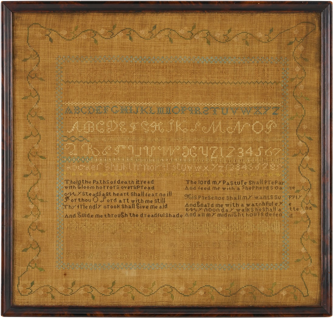 West Tennessee Needlework Sampler, 1837: Scarce Weakley County West TN Schoolgirl Needlework Sampler, stitched by Unity M. Terrell in 1837. Silk on linen, featuring a hemstitched border with strawberry and vine embroidery, enclosing 6 rows o