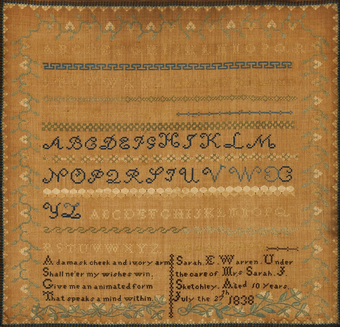 East Tennessee Sampler, 1838, Sarah E. Warren: Maryville, East Tennessee Schoolgirl Needlework Sampler, stitched by Sarah E. Warren in 1838. Silk on linen, featuring an unusual and time consuming Queen's-stitched sawtooth outer border and a strawb