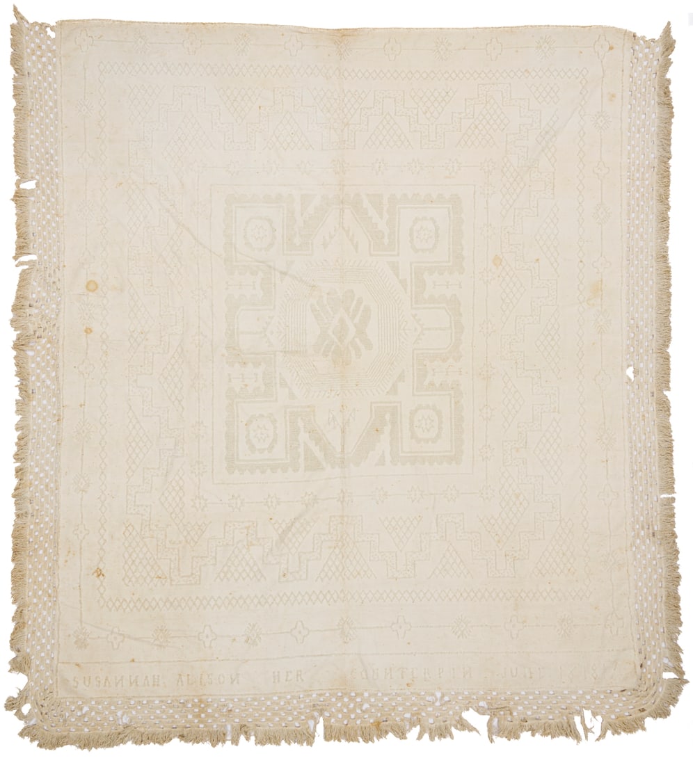 Southern White on White Coverlet or Counterpane, Signed & Dated 1817, Likely TN: Tennessee white on white coverlet or counterpane, attributed to Susannah King Alison (Sullivan County, TN, 1779-1851). Consisting of two 40-inch white cotton weft-loop woven panels sewn in t