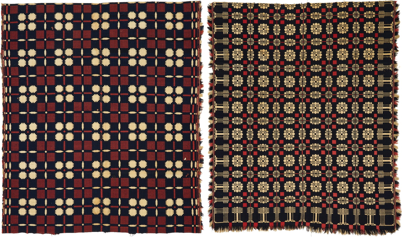 2 Southern Red, White & Blue Wool Coverlets: Two (2) Southern red, white, and blue wool coverlets, one woven in a double snowball and window sash table design and the other in a snowball and pine tree border design. Blount County, Tennessee, his
