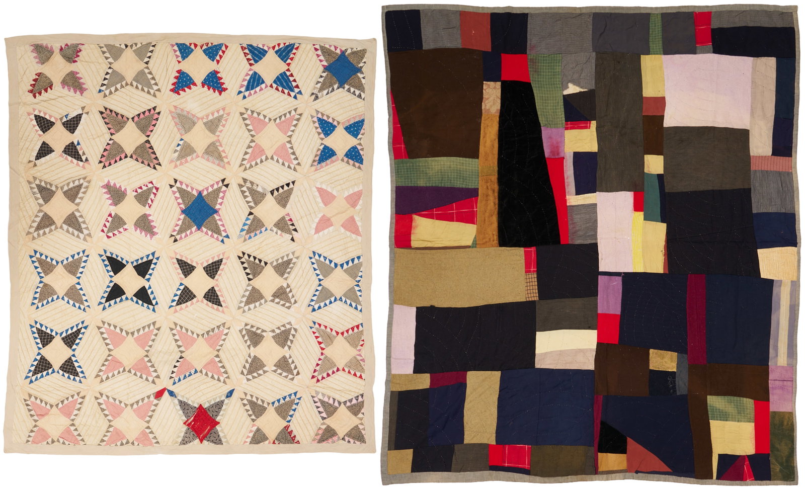 2 Southern Quilts: Pine Burr & Crazy-Style Utility: 1st item: Southern Pine Burr pieced cotton quilt, overall tan background highlighting mourning prints, stars, claret, indigo, white and blue prints, and pinks. The backing is a striped light brow
